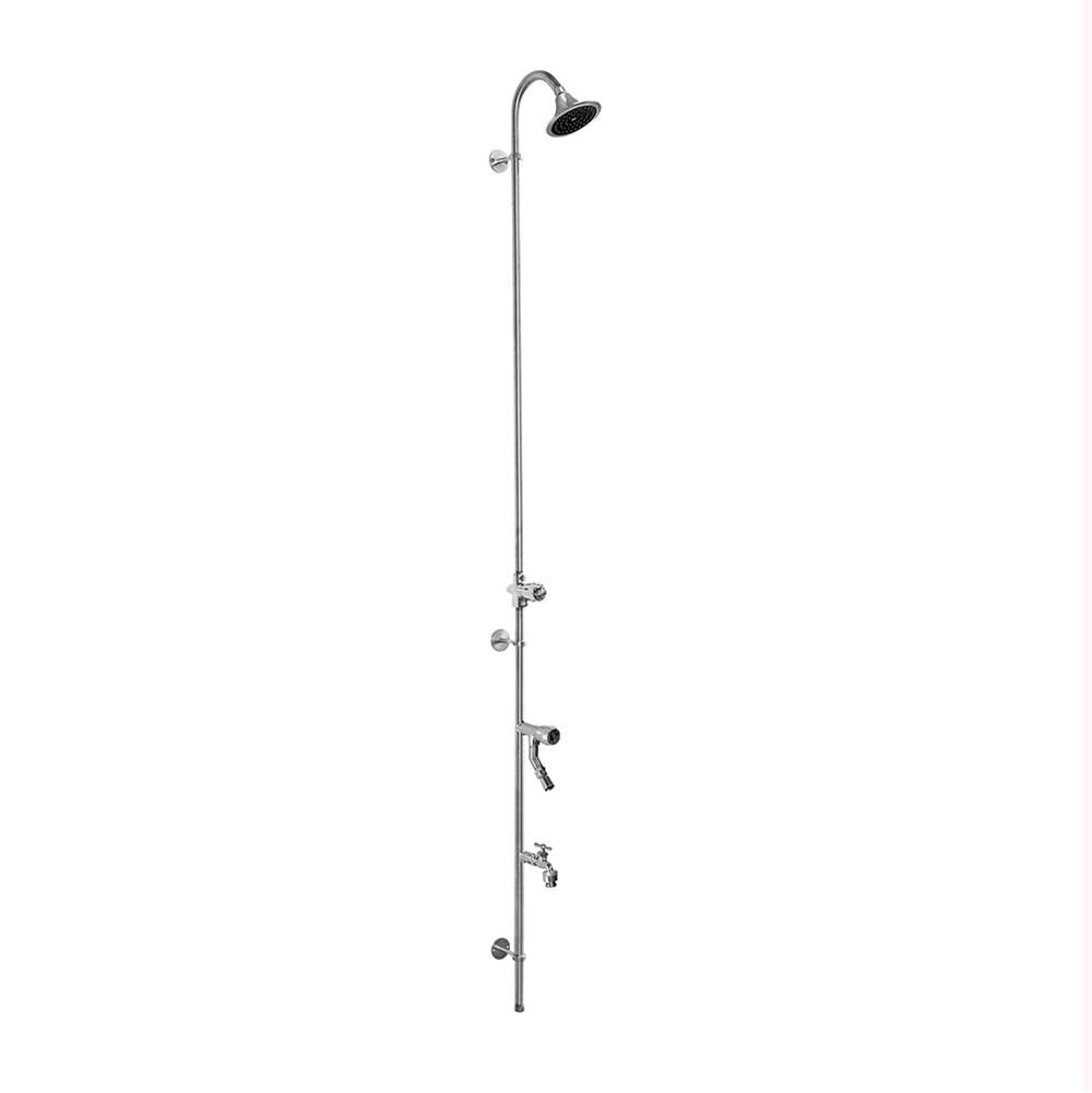 Outdoor Shower - Wall Mount Single Supply Shower - ADA Metered Valve, 4'' Shower Head, Hose Bibb, Foot Shower