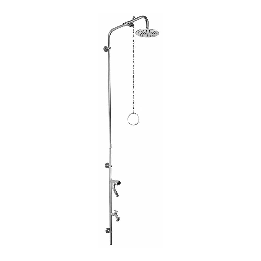Outdoor Shower - Wall Mount Single Supply Shower - Pull Chain Valve, 8'' Shower Head, Hose Bibb, ADA Metered Foot Shower
