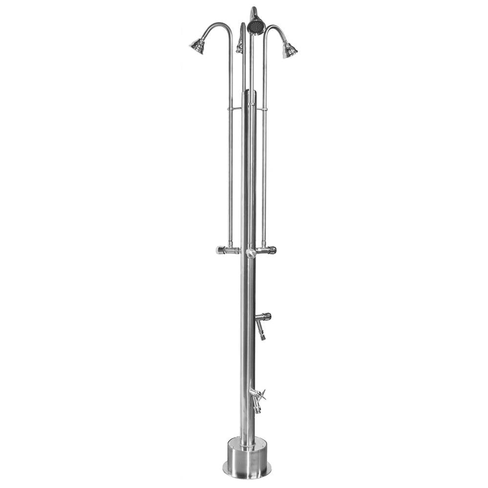 Outdoor Shower - Free Standing Single Supply Shower - ADA Metered Valves, Four 4'' Shower Heads, Foot Shower, Hose Bibb