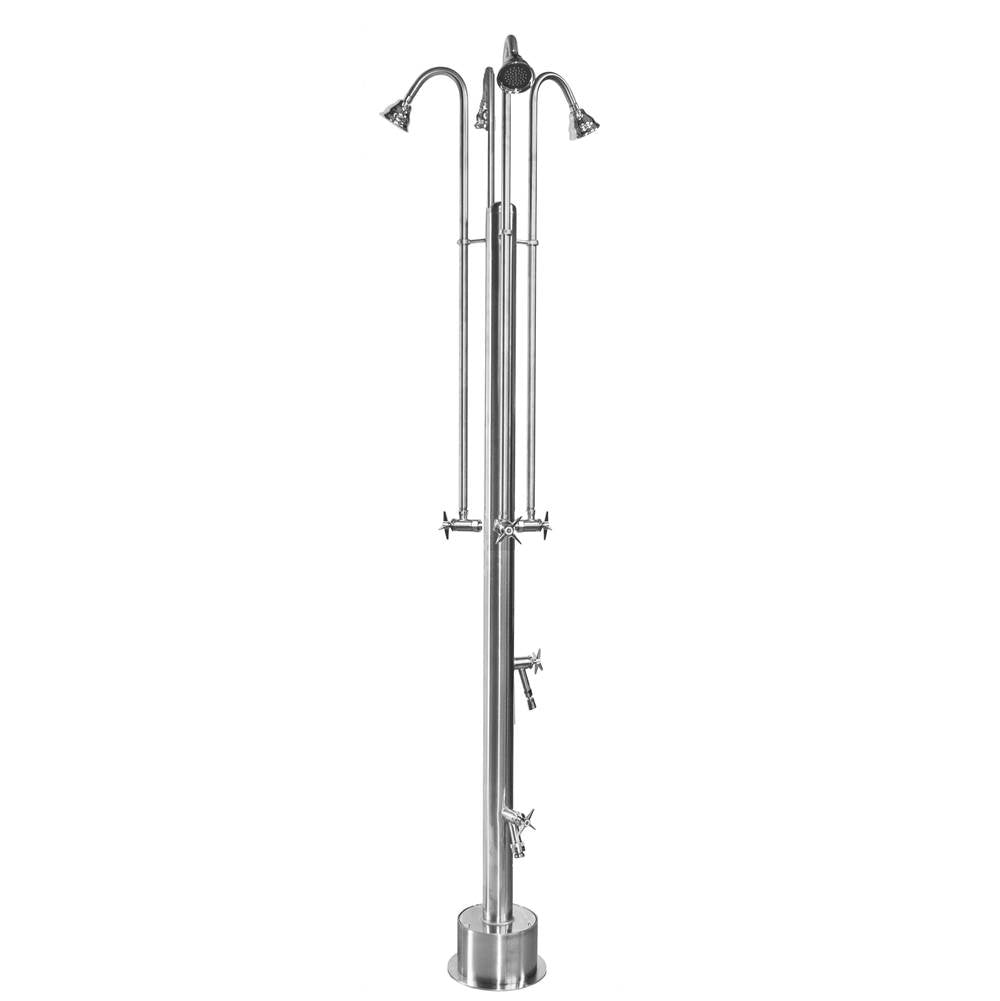 Outdoor Shower - Free Standing Single Supply Shower - Cross Handle Valves, Four 4'' Shower Heads, Foot Shower, Hose Bibb