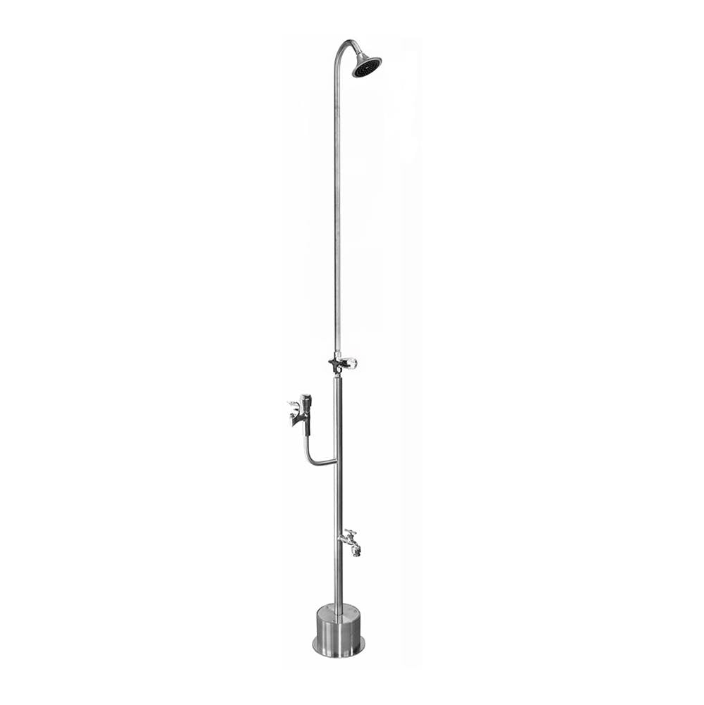Outdoor Shower - Free Standing Single Supply Shower - ADA Metered Valve, 4'' Shower Head, Hose Bibb, Drinking Fountain