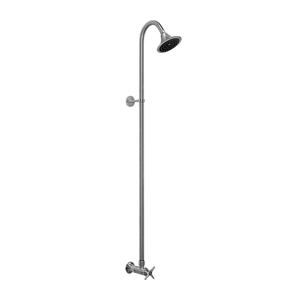 Outdoor Shower - Wall Mount Single Supply Shower - Cross Handle Valve, 4'' Shower Head - Chrome Plated Brass