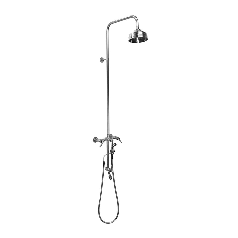 Outdoor Shower - Wall Mount Hot & Cold Shower - ADA Lever Handle Valve, 6'' Shower Head, Hand Spray & Hose, Hose Bibb - Stainless Steel