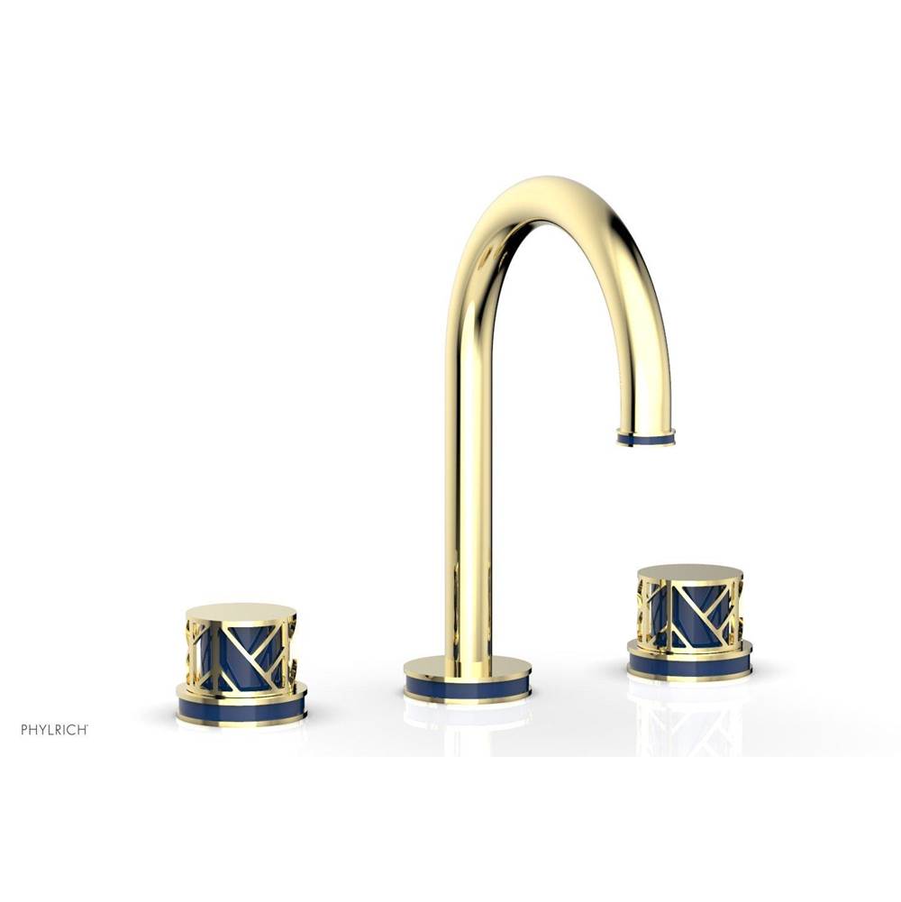 Phylrich - Polished Gold Jolie Widespread Lavatory Faucet With Gooseneck Spout, Round Cutaway Handles, And Navy Blue Accents - 1.2GPM - Polished Gold with Navy Blue