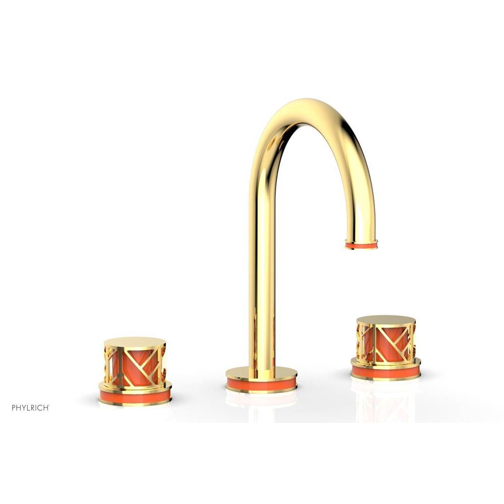 Phylrich - Polished Gold Jolie Widespread Lavatory Faucet With Gooseneck Spout, Round Cutaway Handles, And Orange Accents - 1.2GPM - Polished Gold with Orange