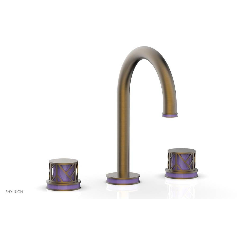 Phylrich - Polished Brass Uncoated (Living Finish) Jolie Widespread Lavatory Faucet With Gooseneck Spout, Round Cutaway Handles, And Purple Accents - 1.2GPM - Polished Brass Uncoated with Purple