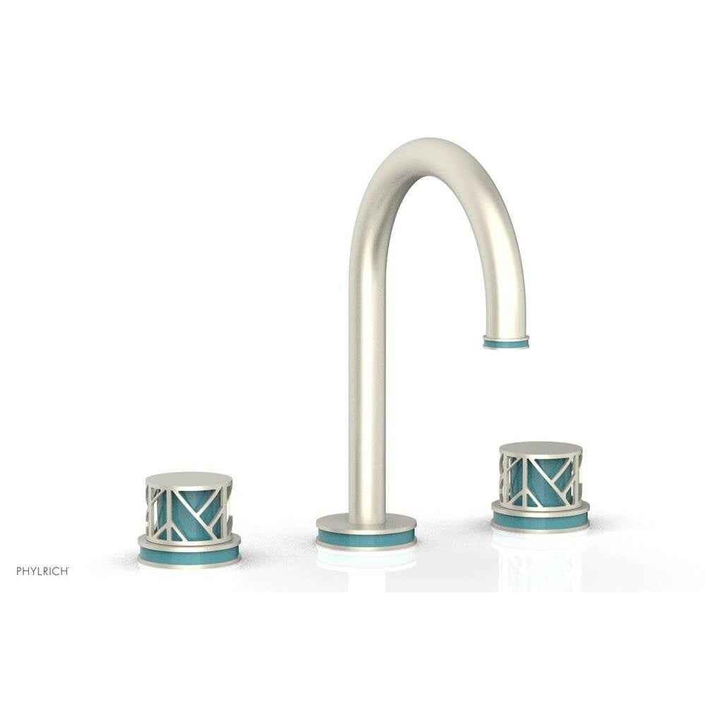 Phylrich - Polished Brass Uncoated (Living Finish) Jolie Widespread Lavatory Faucet With Gooseneck Spout, Round Cutaway Handles, And Turquoise Accents - 1.2GPM - Polished Brass Uncoated with Turquoise