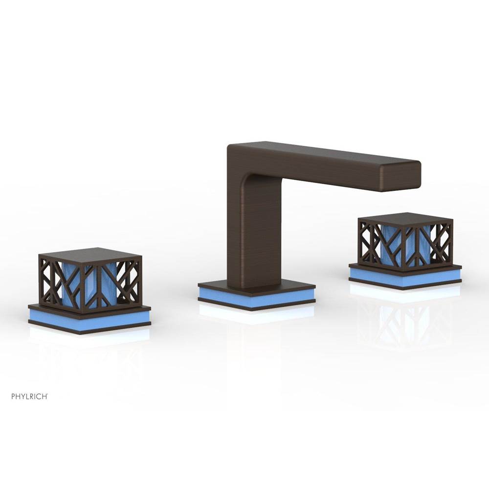 Phylrich - Antique Bronze Jolie Widespread Lavatory Faucet With Rectangular Low Spout, Square Cutaway Handles, And Light Blue Accents - 1.2GPM - Antique Bronze with Light Blue