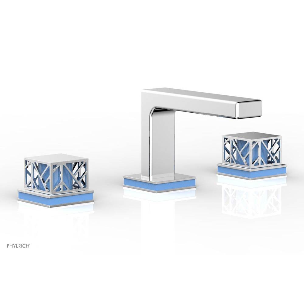 Phylrich - Polished Nickel Jolie Widespread Lavatory Faucet With Rectangular Low Spout, Square Cutaway Handles, And Light Blue Accents - 1.2GPM - Polished Nickel with Light Blue