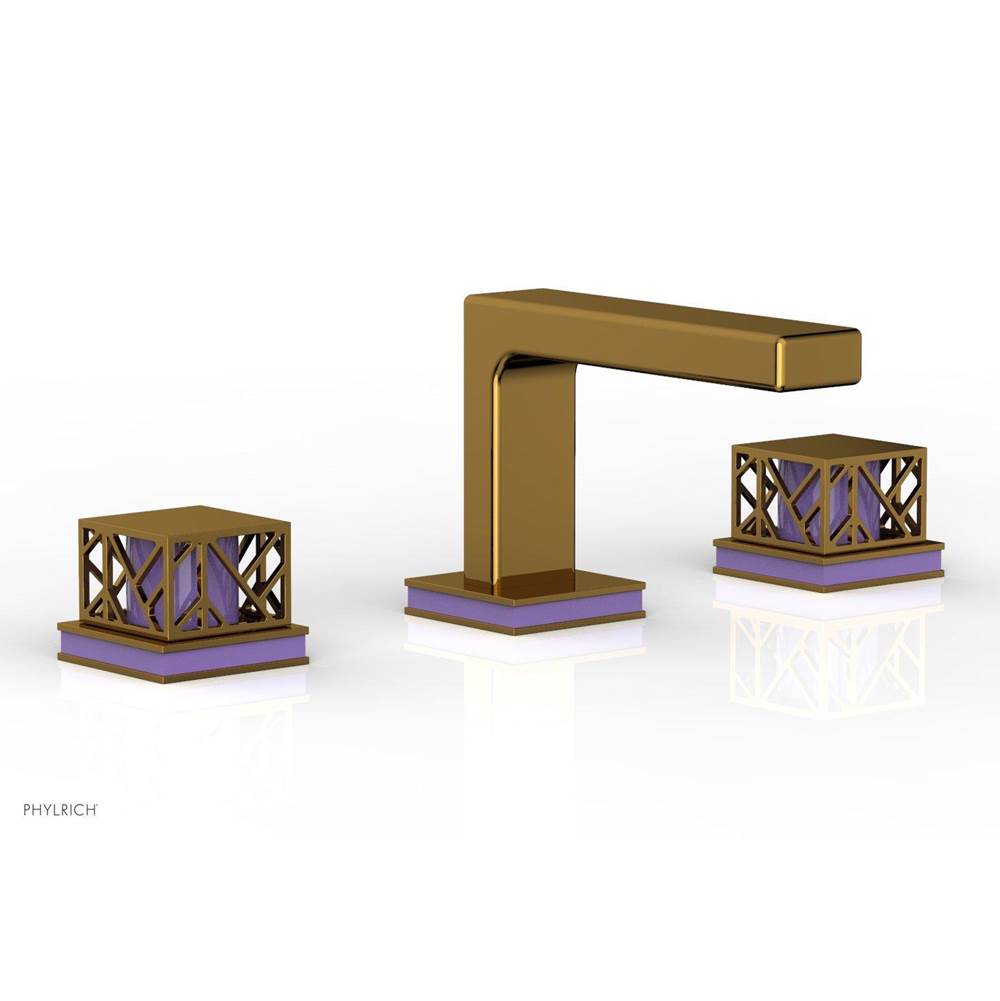 Phylrich - Satin Gold Jolie Widespread Lavatory Faucet With Rectangular Low Spout, Square Cutaway Handles, And Purple Accents - 1.2GPM - Satin Gold with Purple