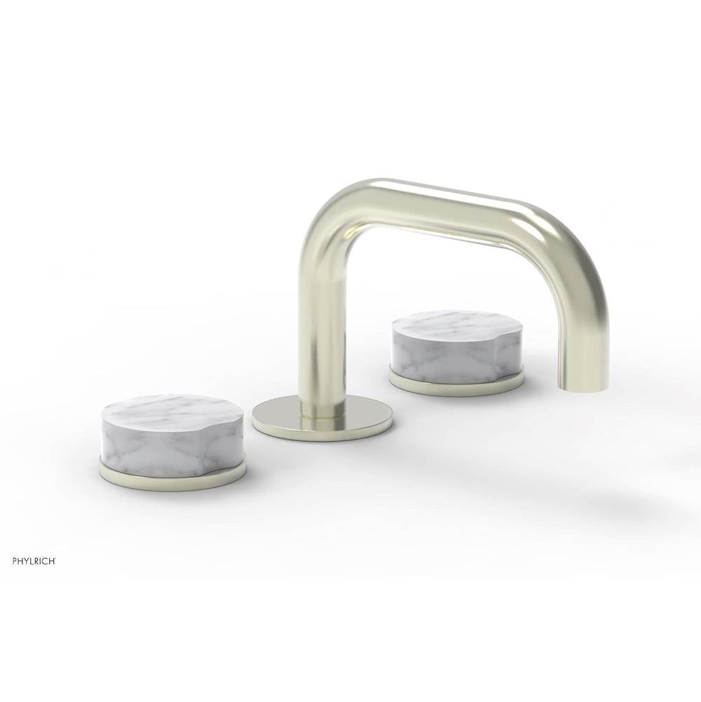 Phylrich - CIRC - Widespread Faucet - Low Spout, White Marble Handles, Push-to-Close Drain - Satin Nickel