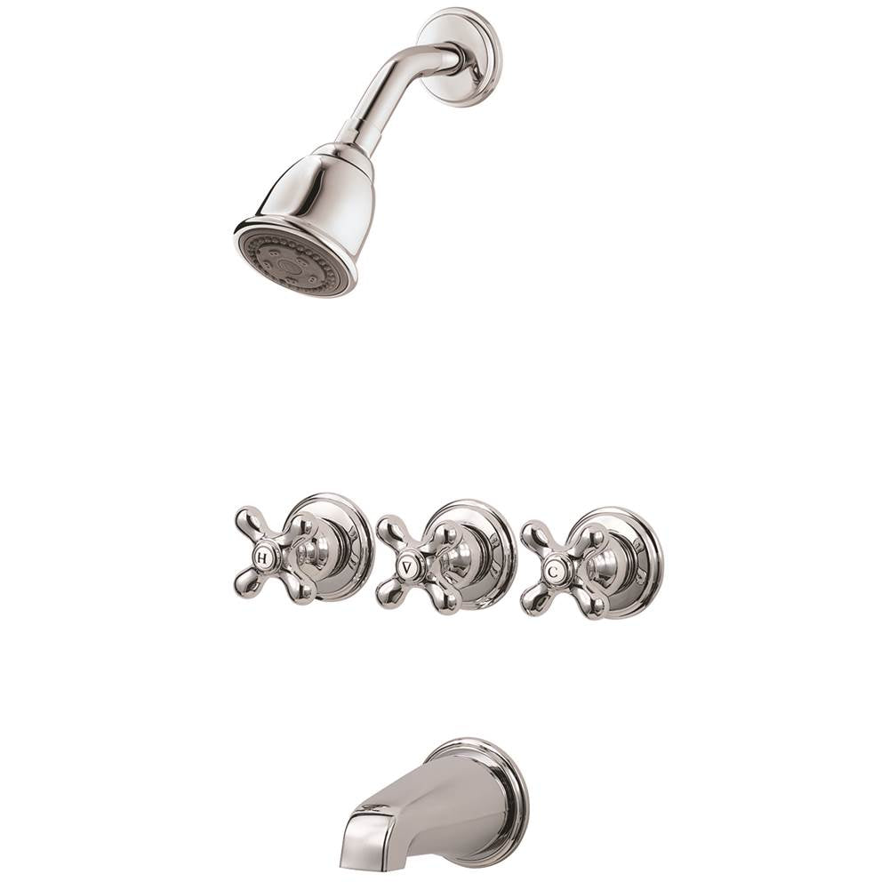 Pfister - 3 Handle Tub & Shower Faucet Trim with Metal Cross Handles in Polished Chrome - Polished Chrome