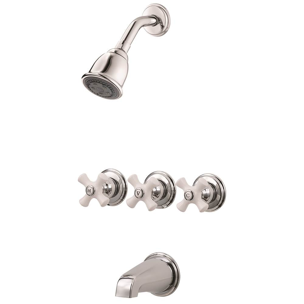 Pfister - 3 Handle Tub & Shower Faucet Trim with Porcelain Cross Handles in Polished Chrome - Combo-Chrome/White Porcelain