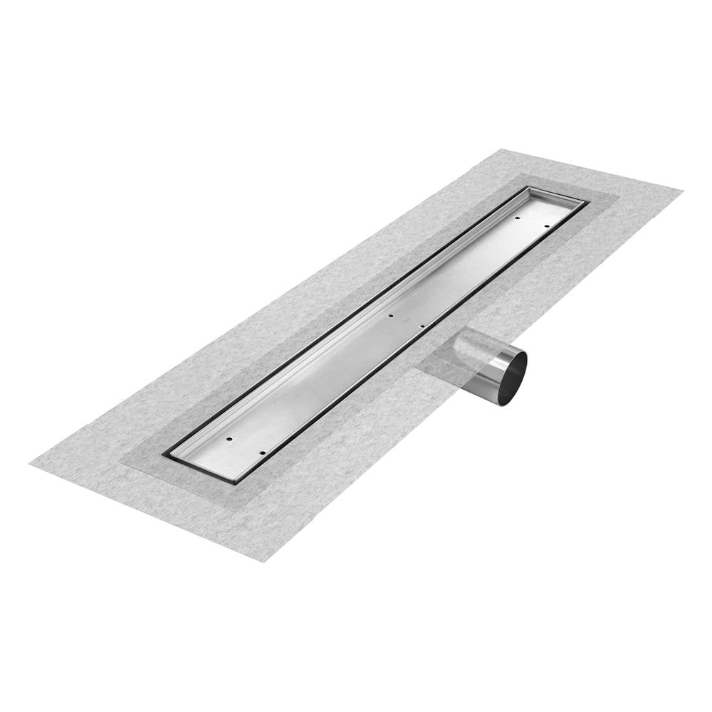 QM Drain - Delmar Series. 48'' Standard length Side Outlet linear drain. Mist (Tile-in) Line. Satin - Satin