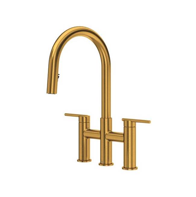 Riobel - LateralE Bridge Pull-Down Kitchen Faucet With C-Spout - Brushed Gold