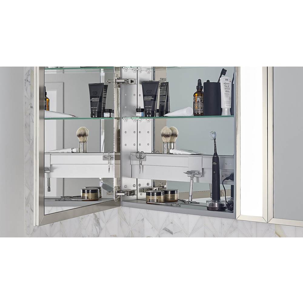 Profiles Framed Cabinet, 24'' x 30'' x 4'', Chrome, Electrical Outlet, USB Charging Ports, Right Hinge