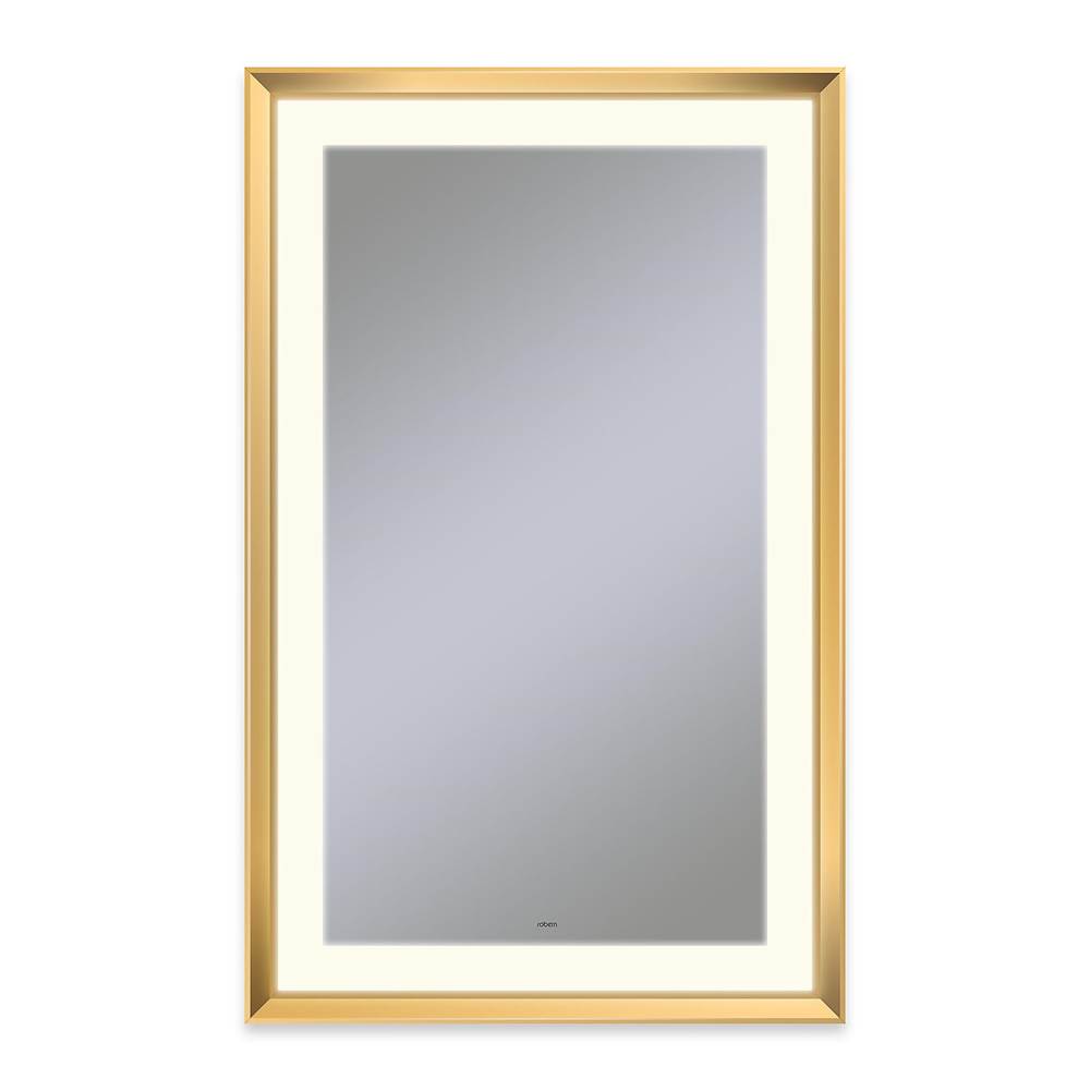 Robern - Sculpt Lighted Mirror, 27'' x 43'' x 2-5/16'', Chamfer Museum Frame, Matte Gold, Perimeter Light Pattern, 2700K Color Temperature (Warm White), Defogger - Matte Gold