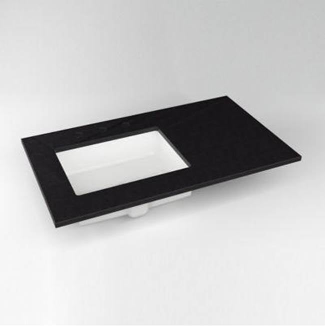 Robern - Engineered Stone Vanity Top, 37'' x 22'' x 3/4'', Left Offset Undercounter Sink, Lava Black, Three Hole