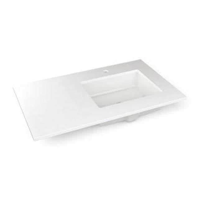Robern - Engineered Stone Vanity Top, 37'' x 22'' x 3/4'', Right Offset Undercounter Sink, Quartz White, Single Hole