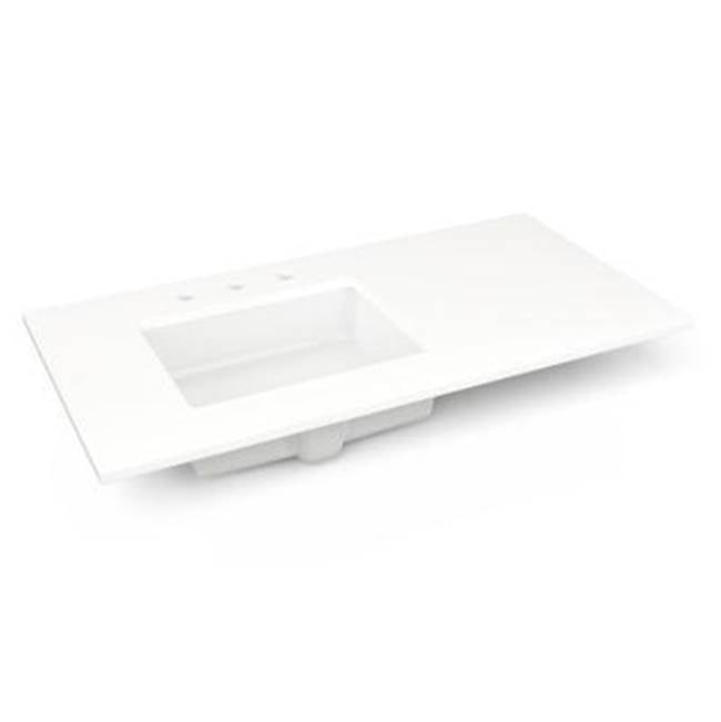 Robern - Engineered Stone Vanity Top, 43'' x 22'' x 3/4'', Left Offset Undercounter Sink, White Zeus Extreme, Three Hole