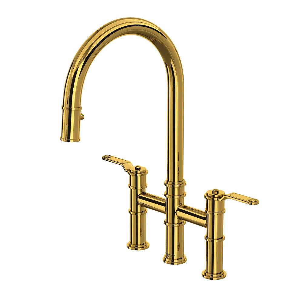 Rohl - ArmstrongE Pull-Down Bridge Kitchen Faucet With C-Spout - Unlacquered Brass