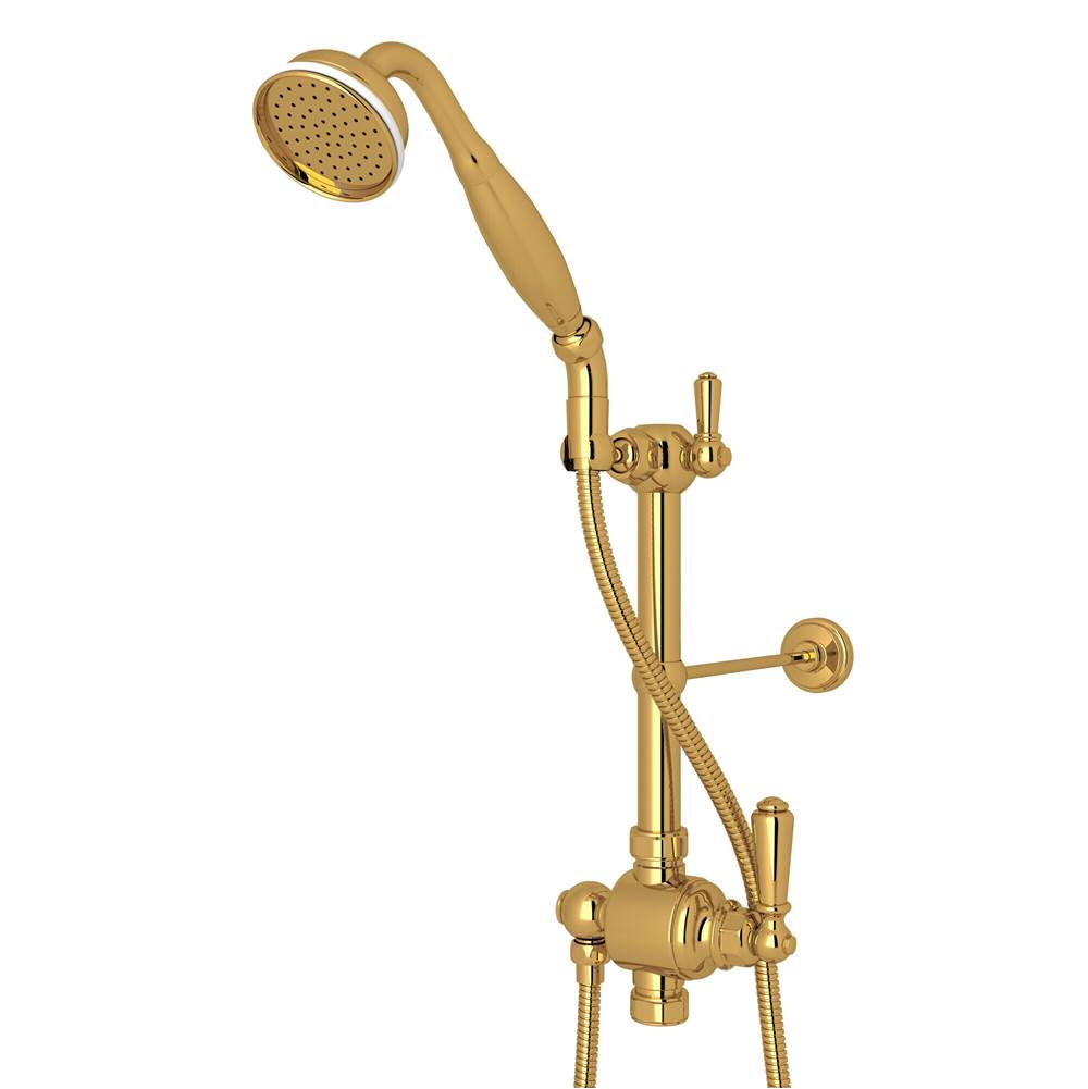 Rohl - Riser Diverter, Handshower, Handshower Holder, Hose and 8'' Thermostatic Outlet - Unlacquered Brass