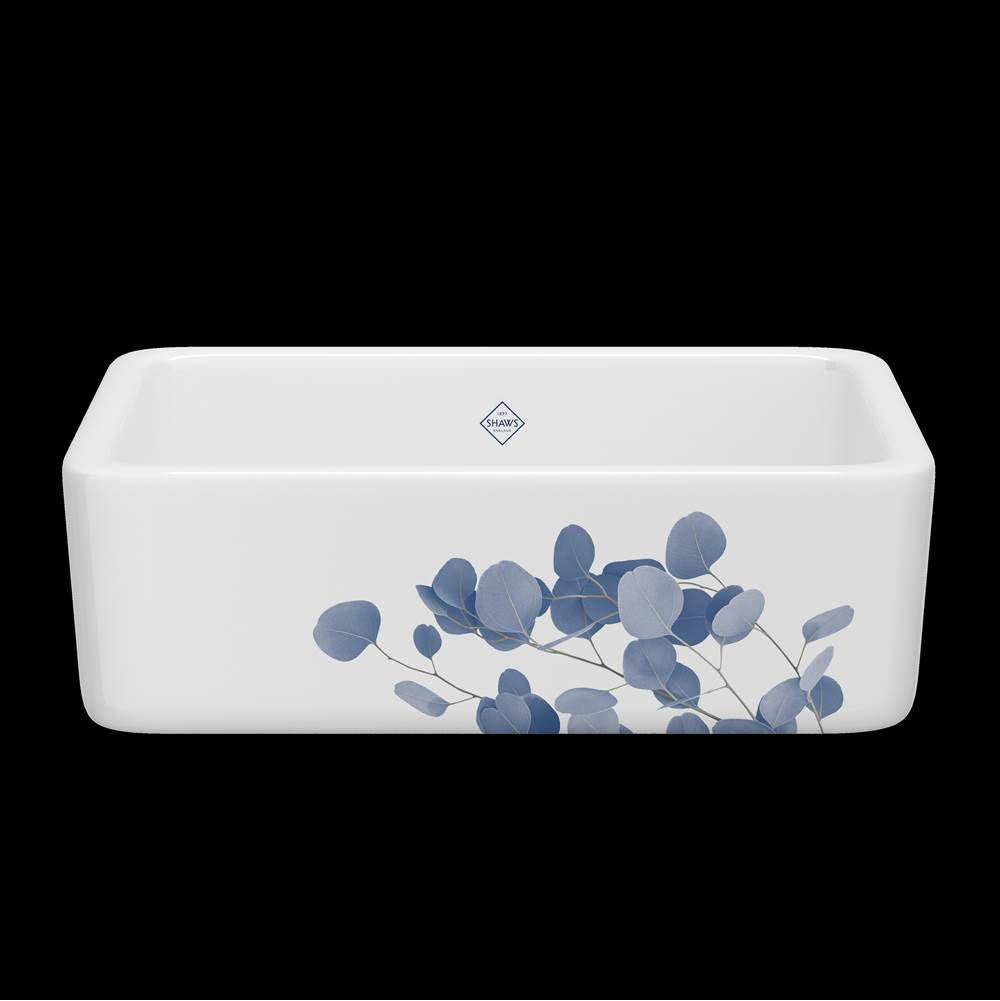 Rohl - LancasterE 30'' Single Bowl Farmhouse Apron Front Fireclay Kitchen Sink With Eucalyptus Design - Eucalyptus Blue With Silver