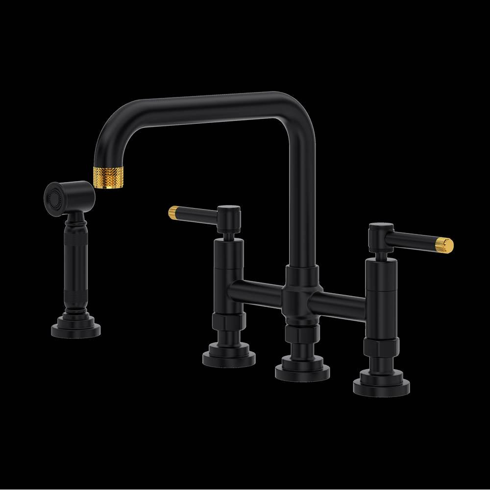 Rohl - CampoE Bridge Kitchen Faucet With Side Spray - Matte Black With Unlacquered Brass
