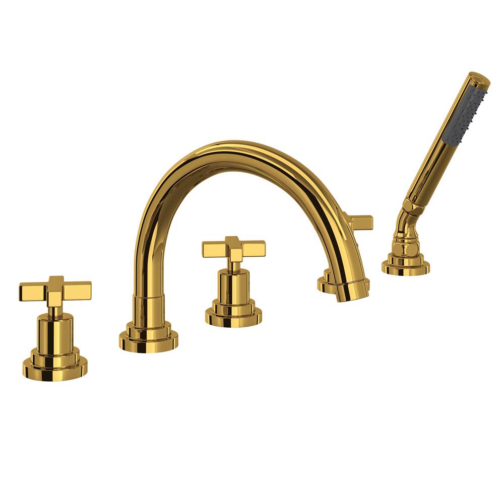 Rohl - Lombardia 5-Hole Deck Mount Tub Filler With C-Spout - Unlacquered Brass