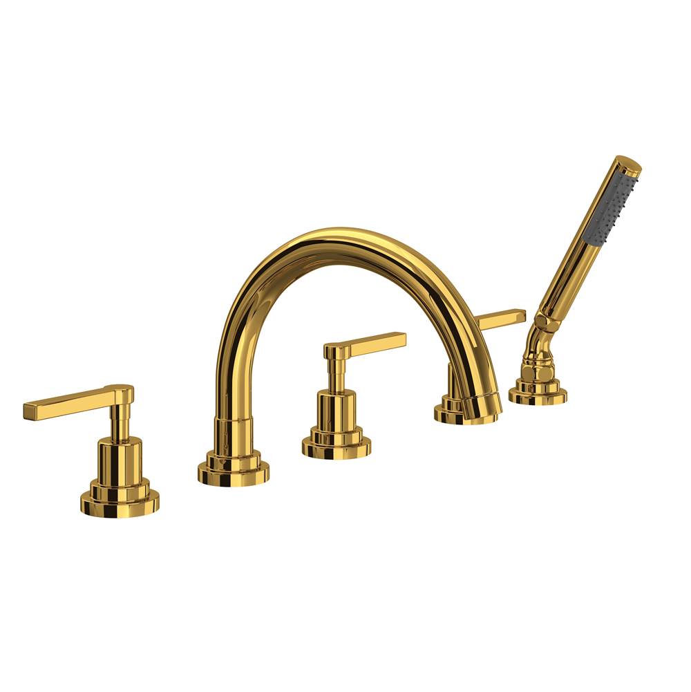 Rohl - Lombardia 5-Hole Deck Mount Tub Filler With C-Spout - Unlacquered Brass