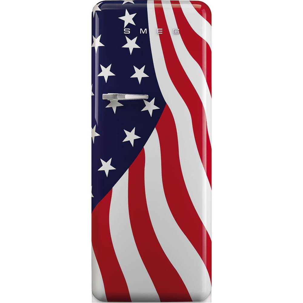 Smeg USA - Fab28 Retro 60 cm Refrigerator with Freezer Compartment. American Flag. Right Hinge Only - Gloss Decorated,Special American Flag