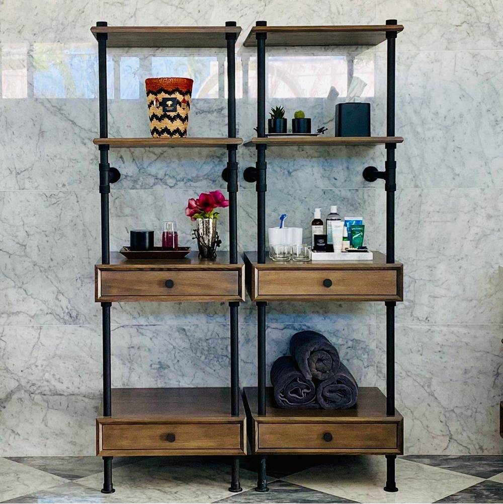 Stone Forest - Elemental Storage Tower, 24'', With Wood Shelves And Drawers (6'') - Matte Black/Cement Gray Wood