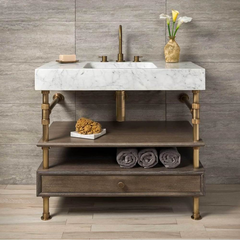 Stone Forest - Elemental Console Vanity, 36'' W, With Drawer And Wood Shelf - Aged Brass/Cement Gray Wood