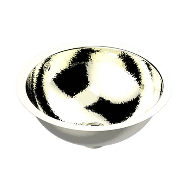 THG - Round Basin 15 1/4'' With Overflow And Flat Edge, To Fix Under, Hammered Metal Finishing - Nickel Polished
