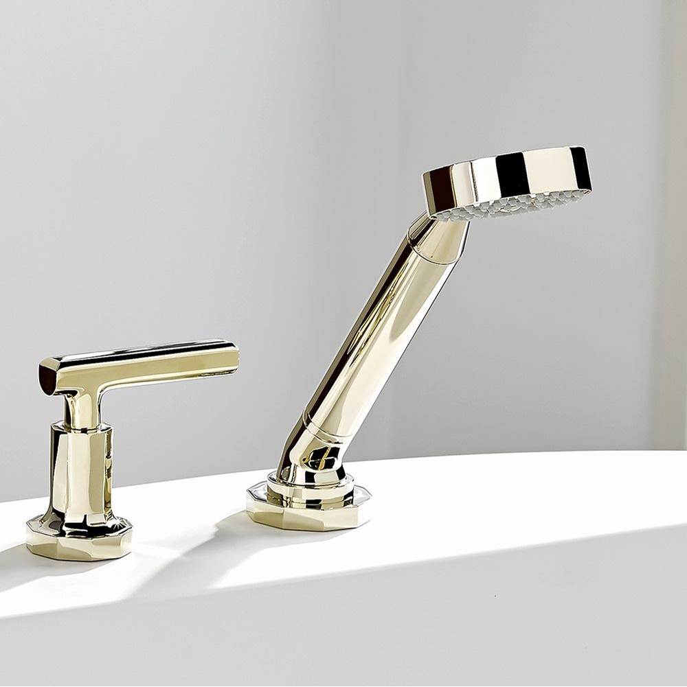 Deck mounted mixer with handshower, progressive cartridge