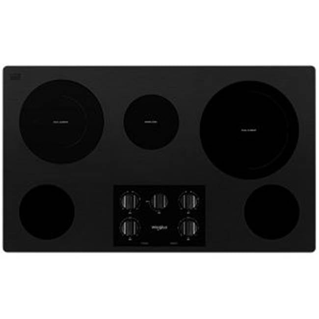 Whirlpool - 36'' 5 Elements, Ceramic Glass, 12/9'' Dual, 10/6'' Dual, (3) 6'' Radiant Elements, Frameless, Dish Safe Knob Control - Black