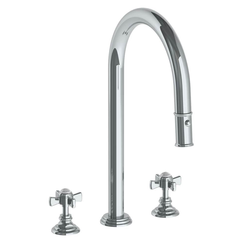 Watermark - Deck Mounted 3 Hole Gooseneck Kitchen Faucet with Pull Down Spray - Vintage Copper