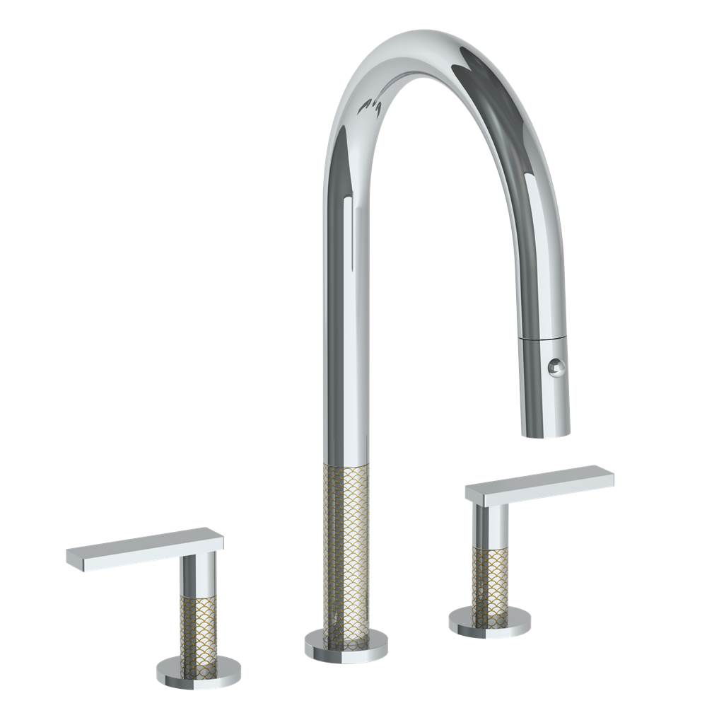 Watermark - Deck Mounted 3 Hole Gooseneck Kitchen Faucet with Pull Down Spray - Vintage Copper