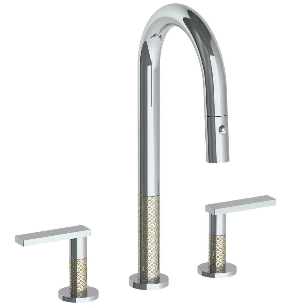 Watermark - Deck Mounted 3 Hole Gooseneck Prep Faucet with Pull Down Spray - Vintage Copper