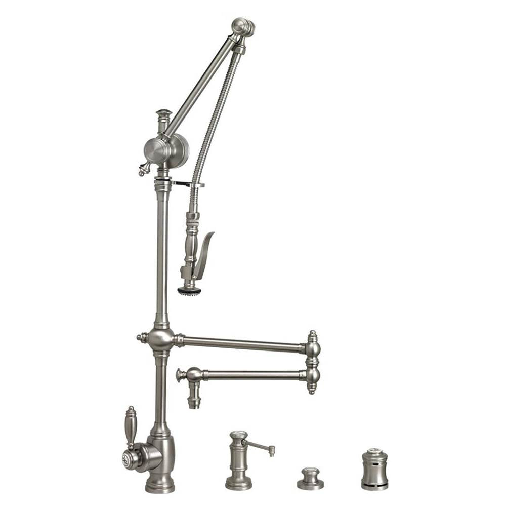 Waterstone - Waterstone Traditional Gantry Pulldown Faucet - 18'' Articulated Spout - 4pc. Suite - Unlacquered Polished Brass