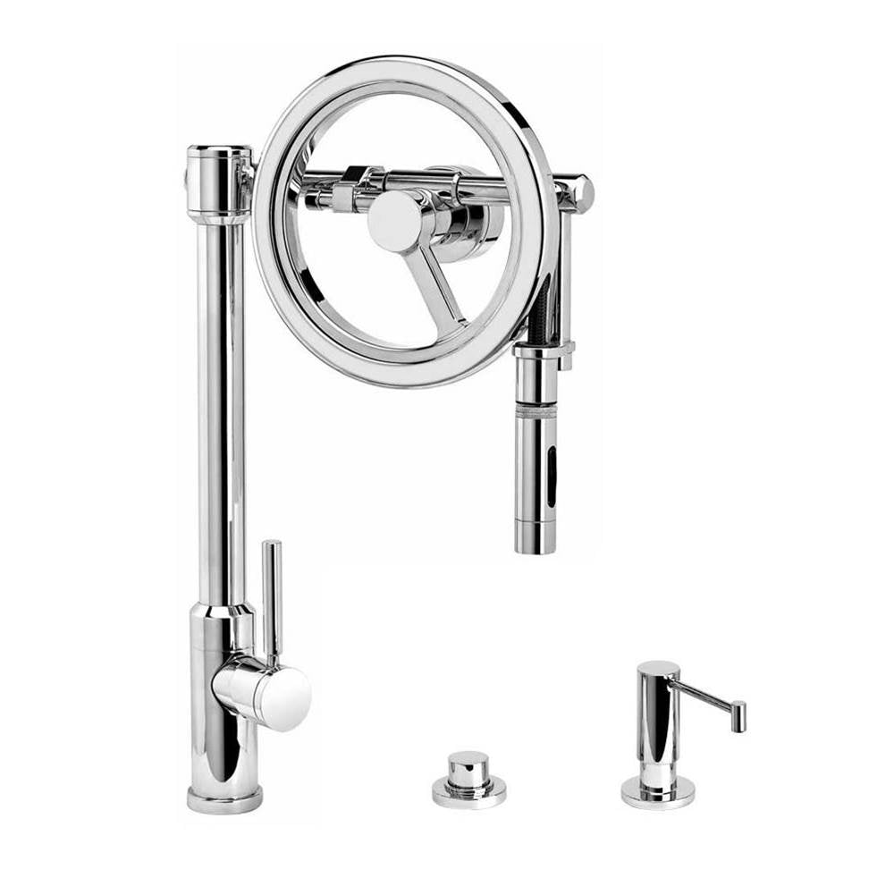 Waterstone - Waterstone Endeavor Wheel Pulldown Faucet - Toggle Sprayer - 3pc. Suite - Unlacquered Polished Brass