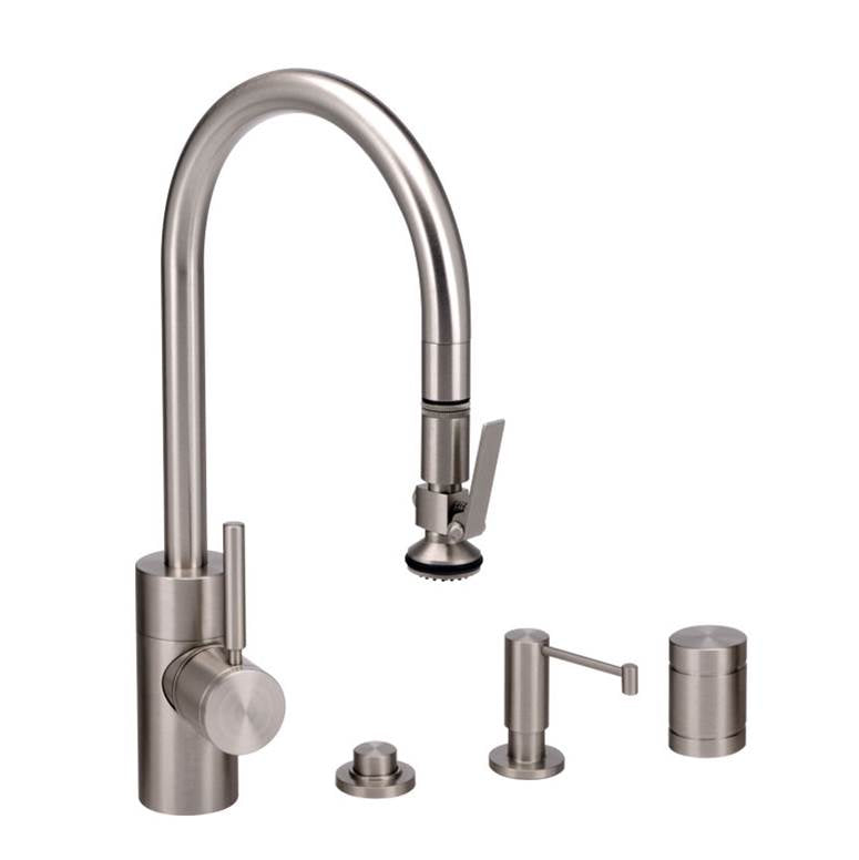 Waterstone - Waterstone Contemporary PLP Pulldown Faucet - Lever Sprayer - 4pc. Suite - Unlacquered Polished Brass