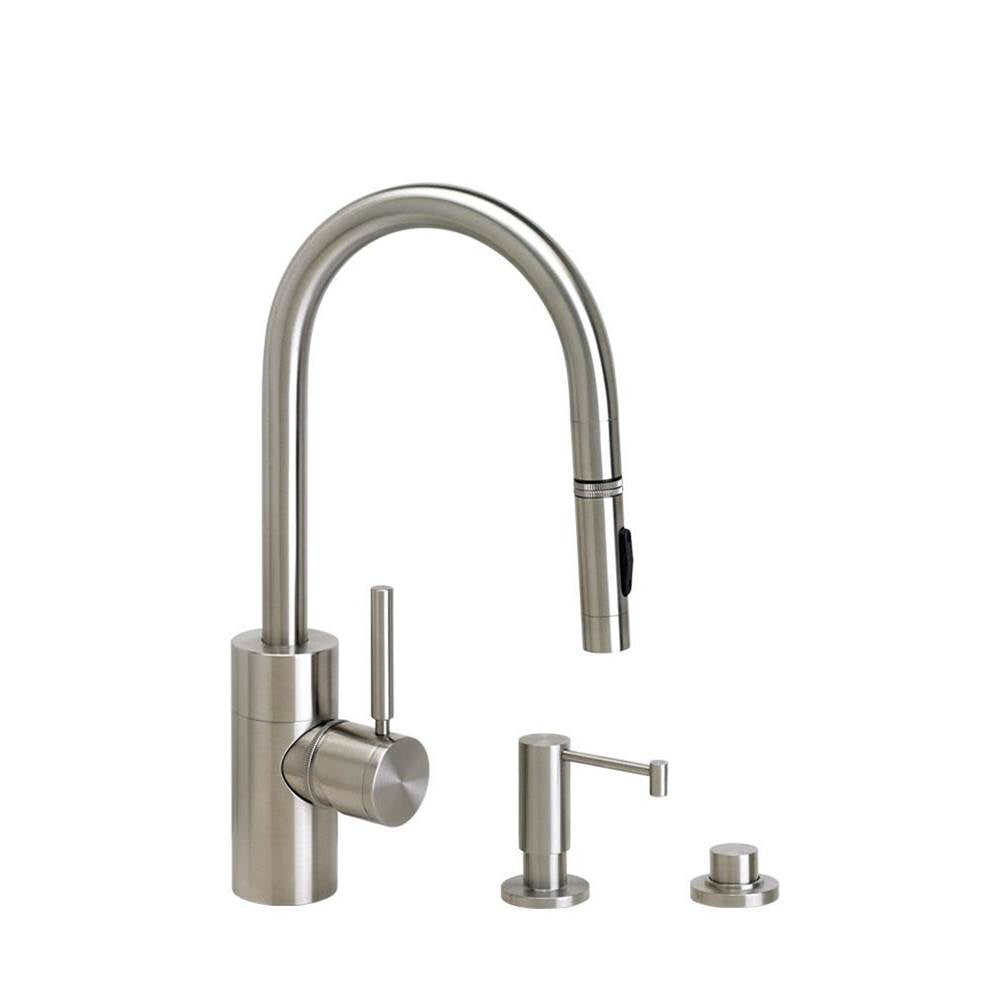 Waterstone - Waterstone Contemporary Prep Size PLP Pulldown Faucet - Toggle Sprayer - 3pc. Suite - Unlacquered Polished Brass
