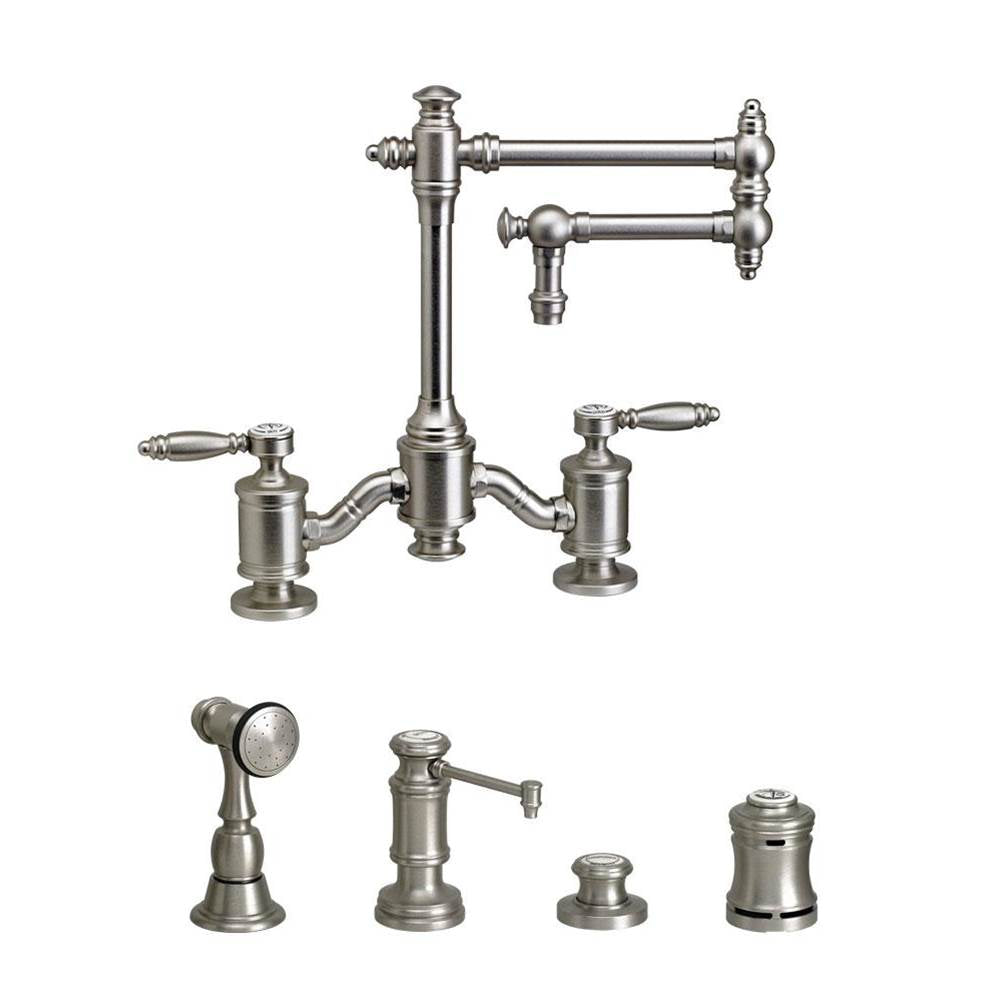 Waterstone - Waterstone Towson Bridge Faucet - 12'' Articulated Spout - Lever Handles - 4pc. Suite - Unlacquered Polished Brass