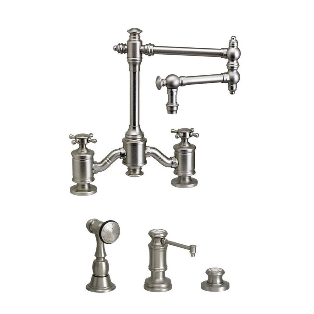 Waterstone - Waterstone Towson Bridge Faucet - 12'' Articulated Spout - Cross Handles - 3pc. Suite - Matte Antique Pewter