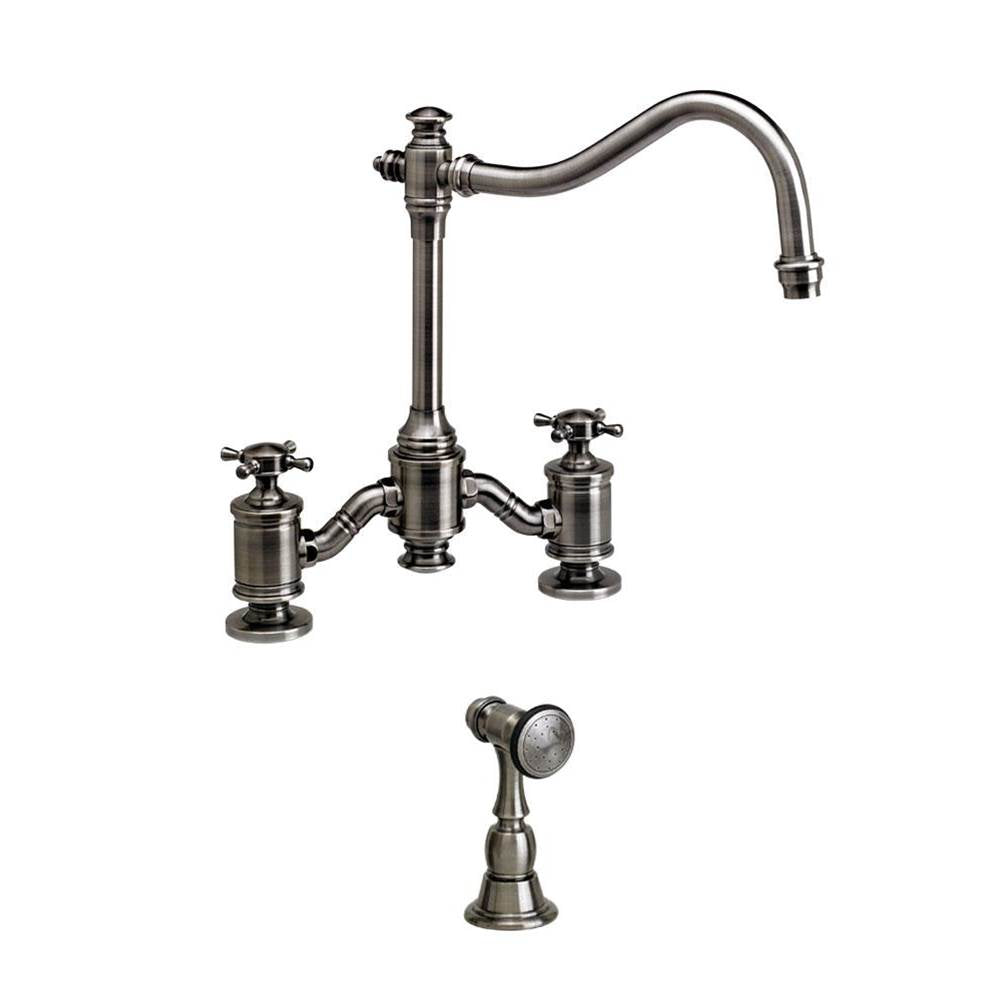 Waterstone - Waterstone Annapolis Bridge Faucet - Cross Handles w/ Side Spray - Unlacquered Polished Brass