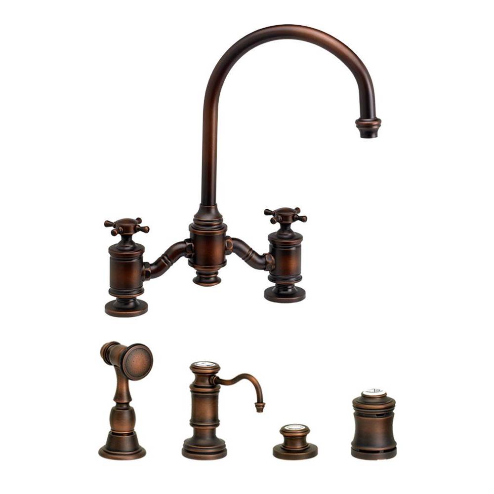 Waterstone - Waterstone Hampton Bridge Faucet - Cross Handles - 4pc. Suite - Unlacquered Polished Brass