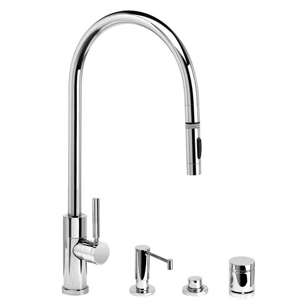 Waterstone - Waterstone Modern Extended Reach PLP Pulldown Faucet - Toggle Sprayer - 4pc. Suite - Unlacquered Polished Brass
