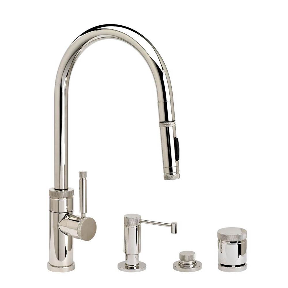 Waterstone - Waterstone Industrial PLP Pulldown Faucet - Toggle Sprayer - Angled Spout - 4pc. Suite - Unlacquered Polished Brass