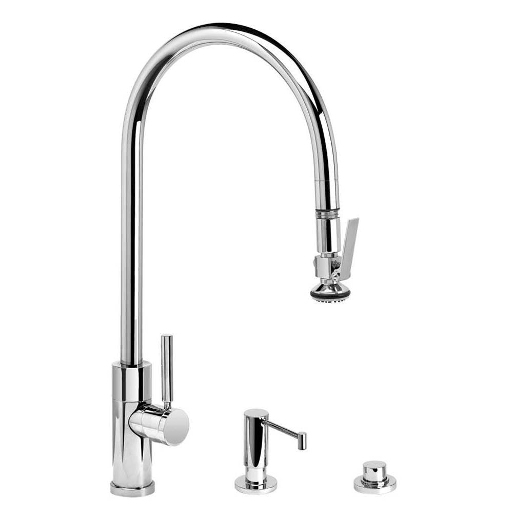 Waterstone - Waterstone Modern Extended Reach PLP Pulldown Faucet - Lever Sprayer - 3pc. Suite - Unlacquered Polished Brass